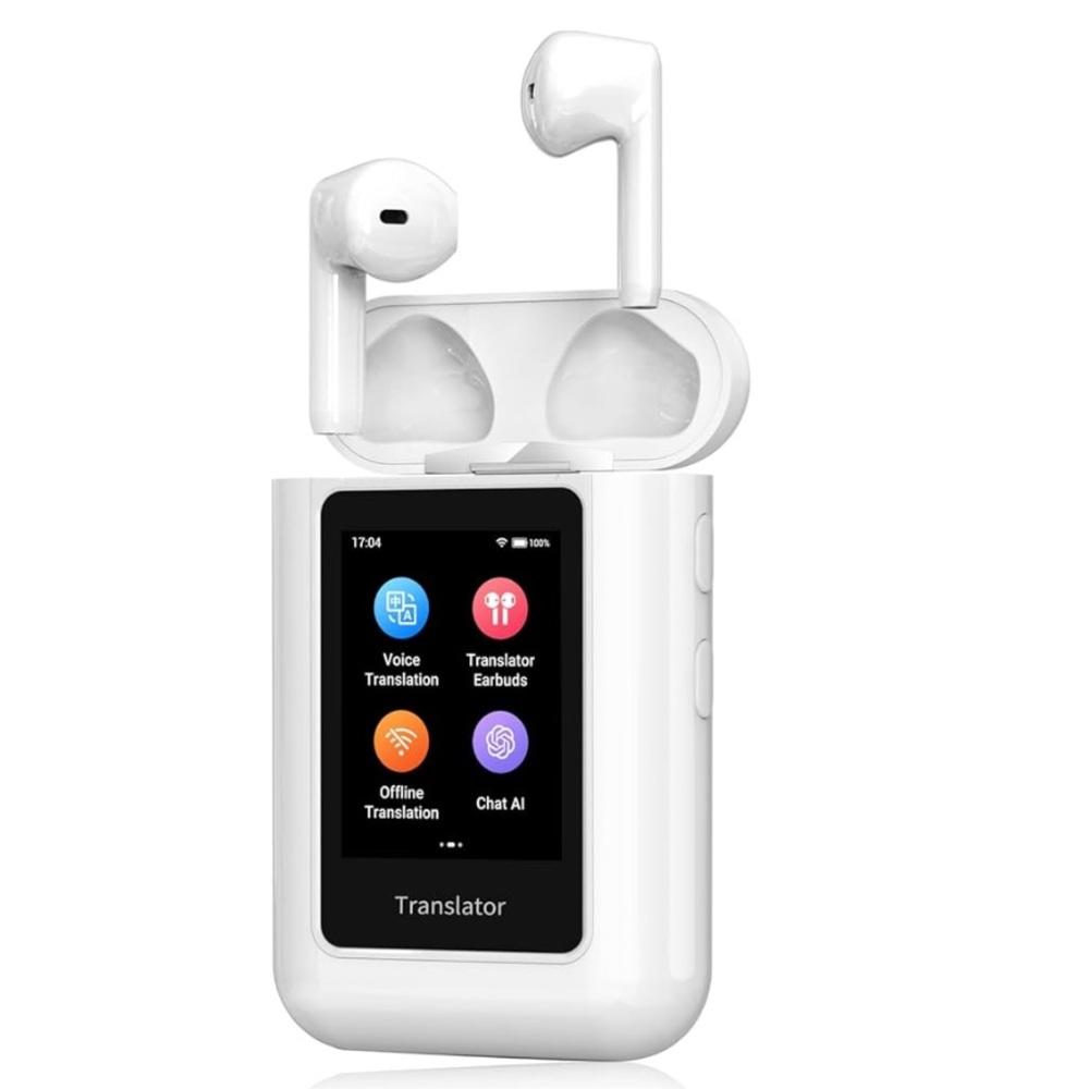 Wireless Translator Earbuds with Touchscreen Charging Case - White